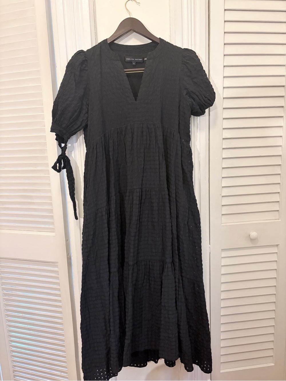English Factory Black Textured V-Neck Puff Sleeve Tiered Maxi Dress